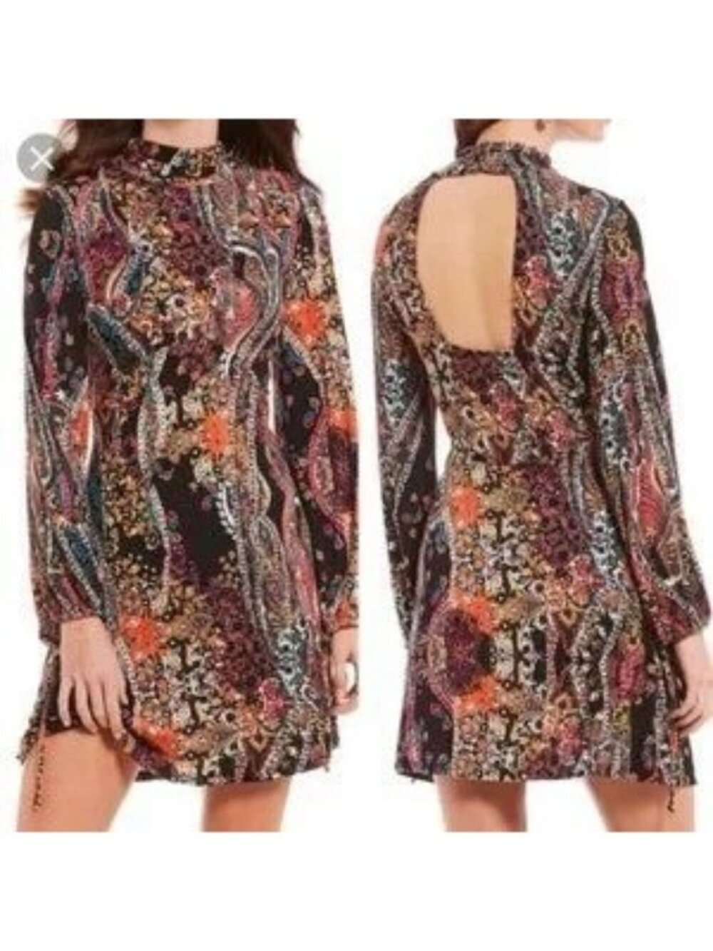 Free People All Dolled Up Paisley Long Sleeve Open Back Mockneck Dress